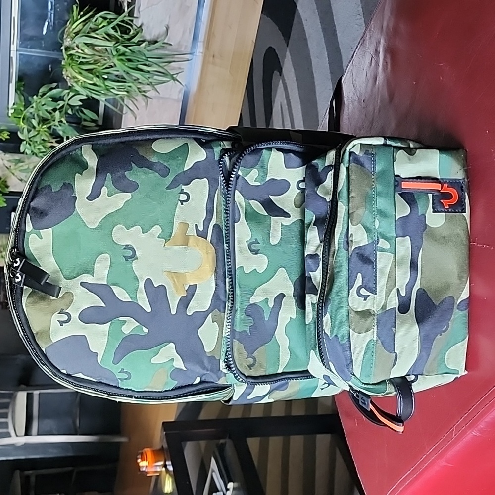 EUC True Religion: Staunch Backpack & Aldis Dopp Kit, Gold Logo/Namesake & Camo